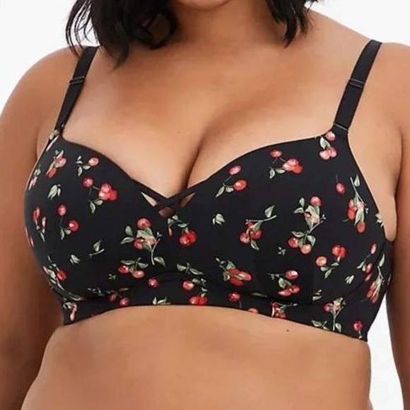 Torrid Curves 44D Push Up Plunge Bra Black Cherry Print 360 Back Smoothing - Picture 1 of 10